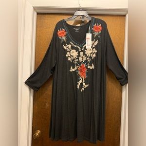 Karen Seo. Size 1x. NWT Gray cotton dress with white embroidered chest area.